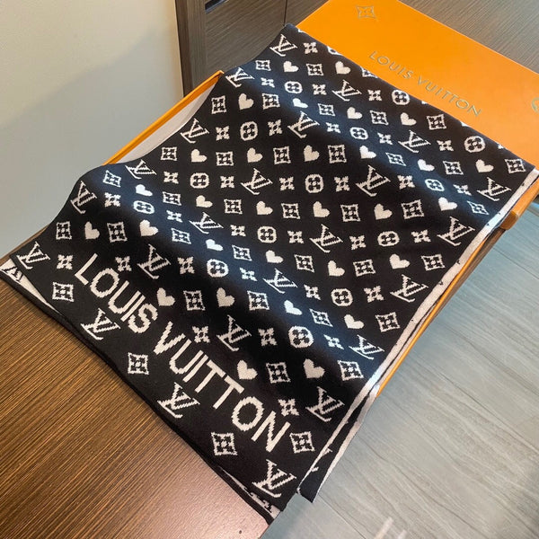 LV Latest Style Scarf 180cm Black Knitted Cashmere 973139
