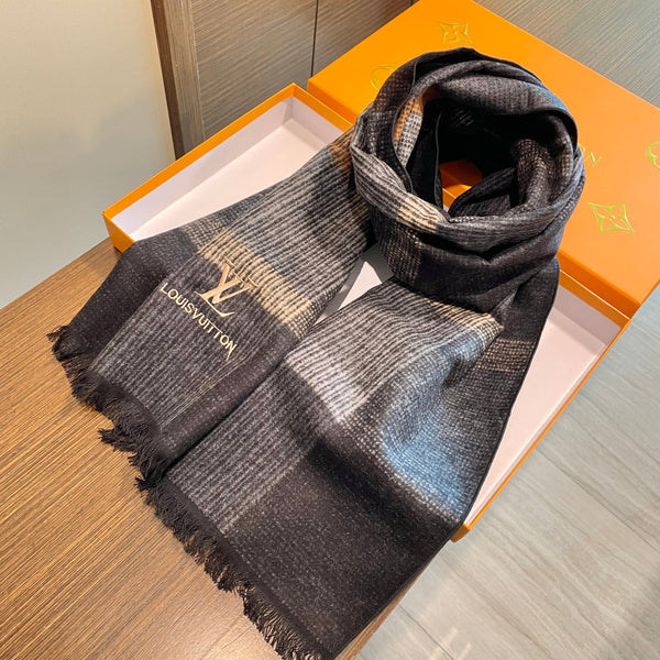 LV Scarf 180cm Black Gray Wool Cashmere 976830