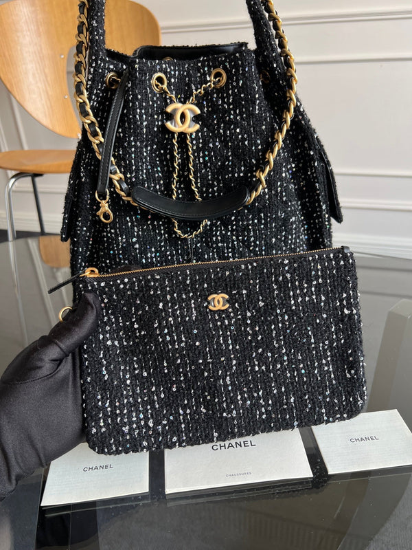 Chanel 25s Hobo Bag 40 In Black Tweed With Gold Hardware
