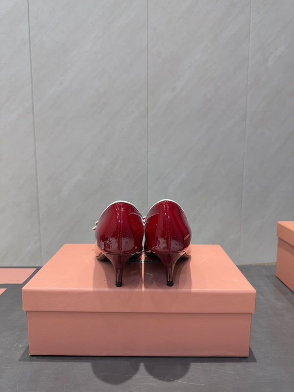 Miu 26s Pointed Toe Pumps 55mm In Dark Red Calfskin With Bow