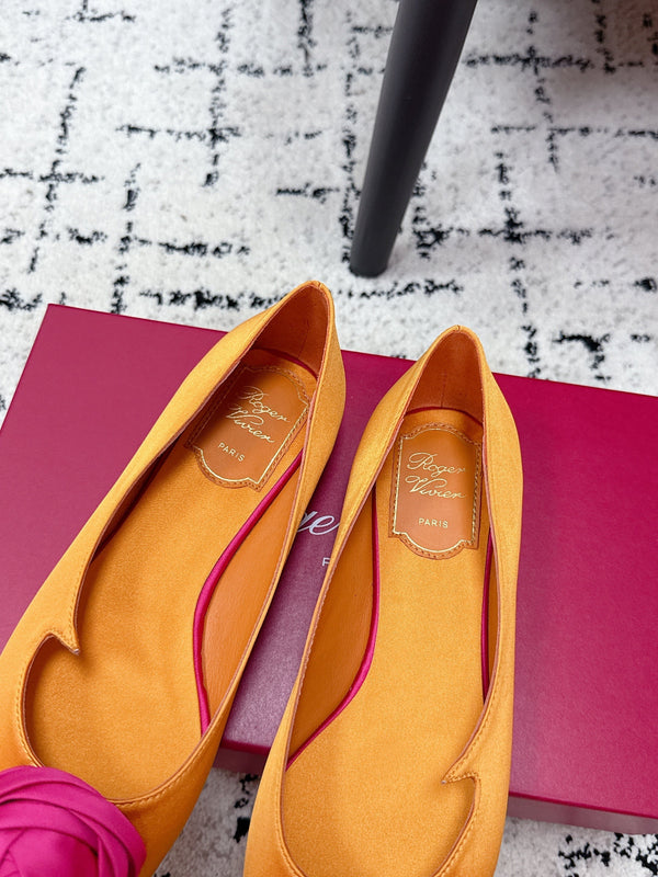 RV Rose Vivier Flower Slingback Flat Orange Pink Satin 617290