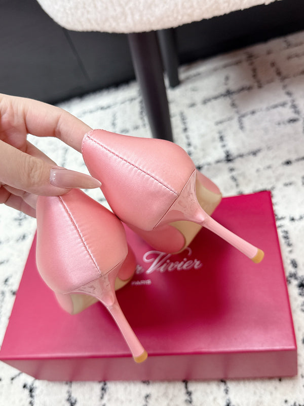 RV Rose Vivier Flower Pumps 10cm Pink Red Satin 617294