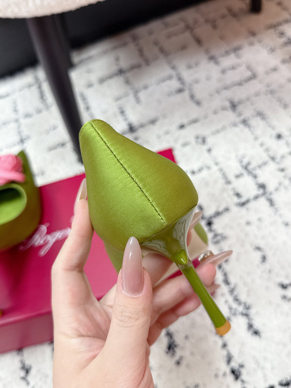 RV Rose Vivier Flower Pumps 10cm Pink Green Satin 617295
