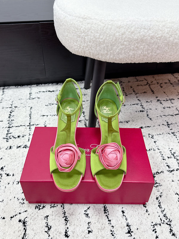 RV Rose Vivier Flower Sandal 10cm Pink Green Satin 617302