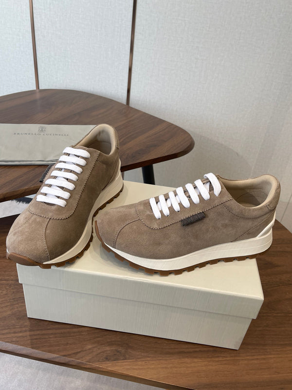 Brunello Runners With Shiny Tab Taupe Suede 624492