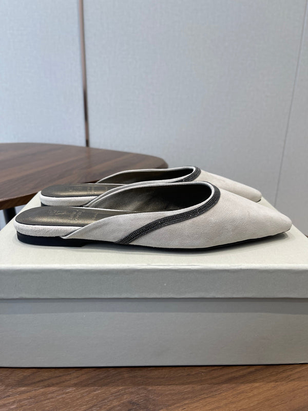 Brunello Monili-chain Mules White Suede 624506