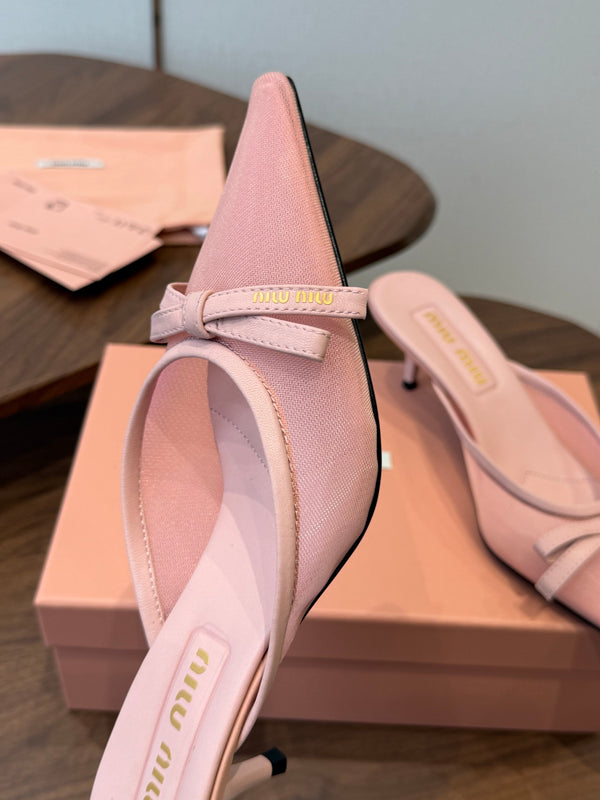 Miu 26s High-Heeled Mules Light Pink Mixed Sheepskin with Lace 790459