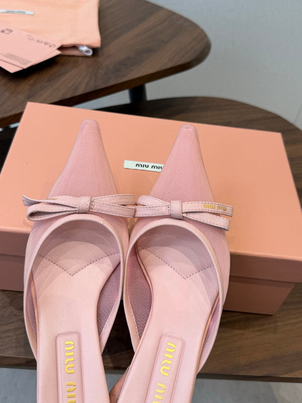 Miu 26s High-Heeled Mules Light Pink Mixed Sheepskin with Lace 790459