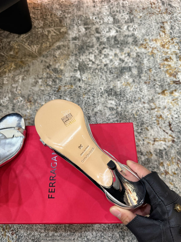 Ferragamo Crystal Embellishments Sandals 9cm Sliver Patent Leather 694843