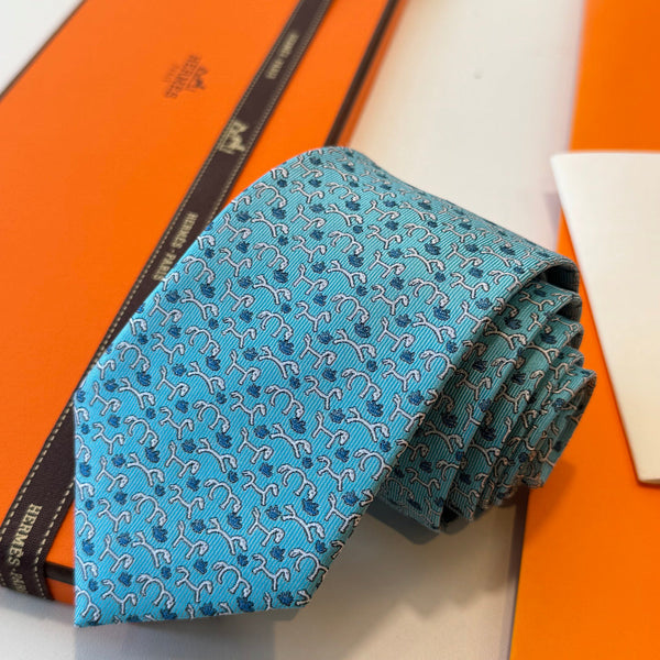 HM Horse Pattern Tie Light Blue Twill Silk 212124