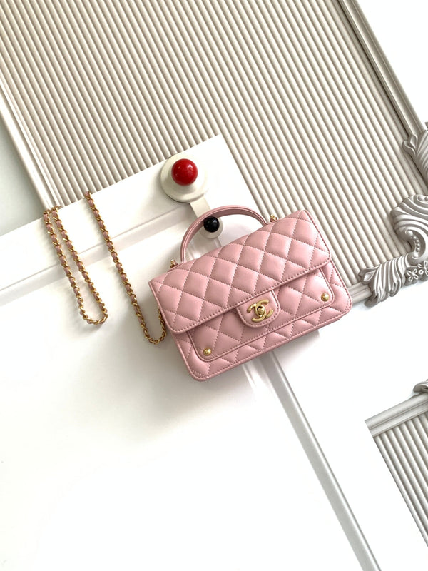 CC Handle Bag 19cm Double C Pink Lambskin Gold Hardware