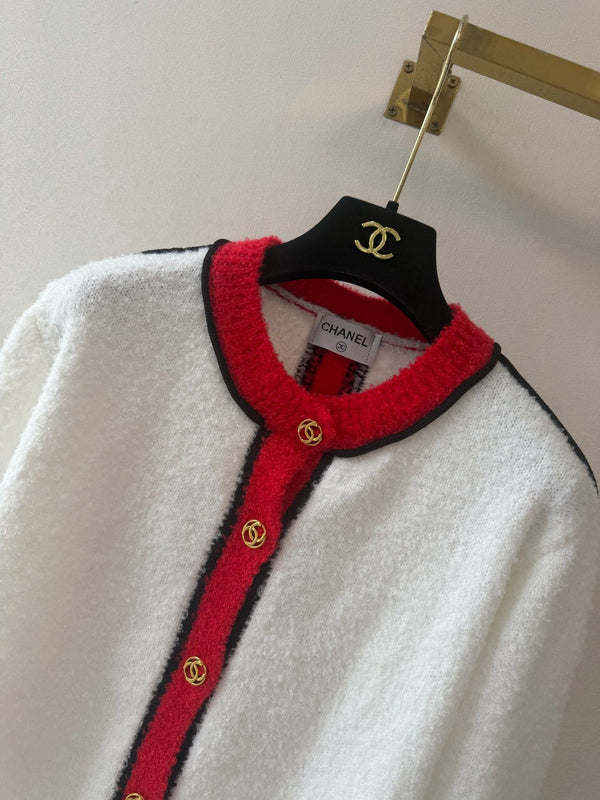 CC 2026 Gold Button Contrast Trim Bouclé Cardigan Jacket Cotton 438315