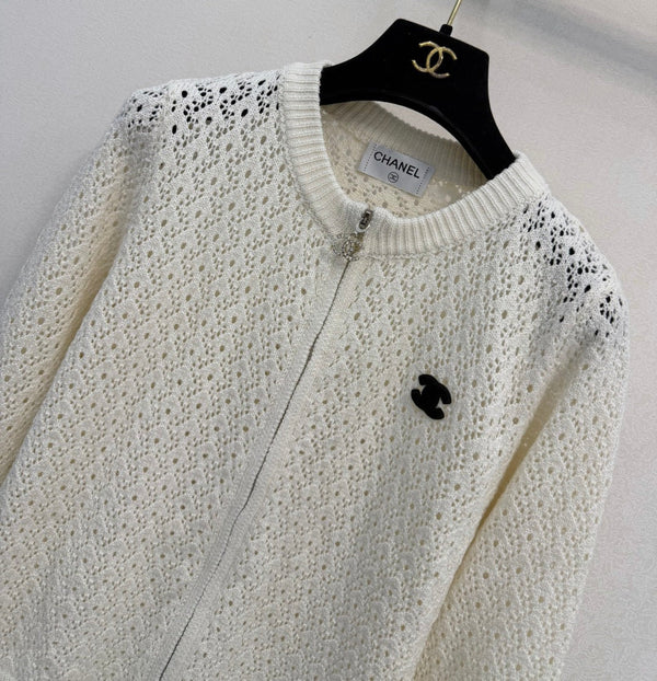 CC 2026 Logo Brooch Openwork Zip-Up Cardigan Jacket Wool Blend 438295