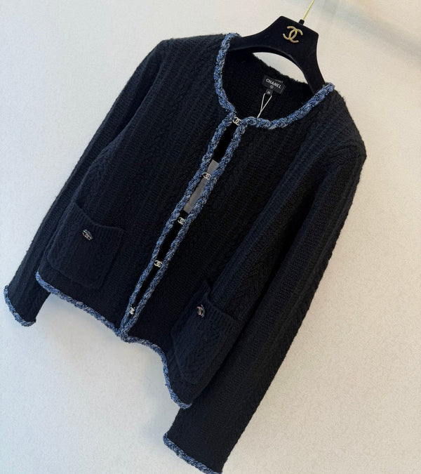 CC 2026 Tweed Trim Open Front Cardigan Jacket Cotton Cashmere Blend 438198