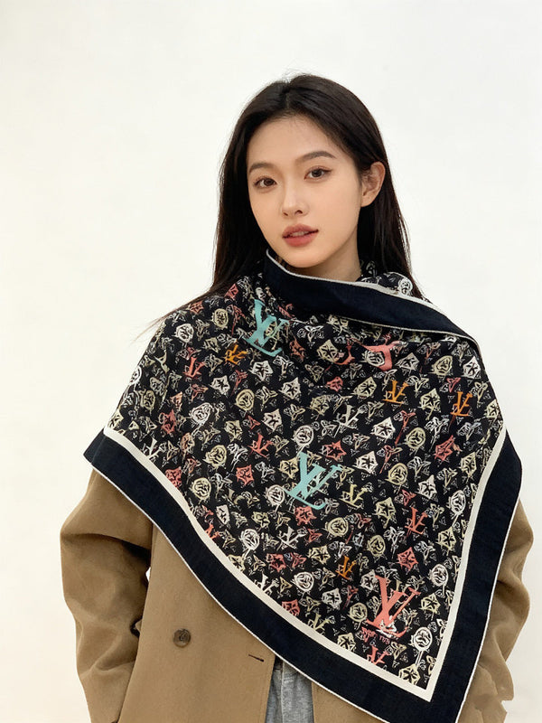 LV X TM MONOGRAM Scarf Black Pink Blue Silk Cashmere 965396