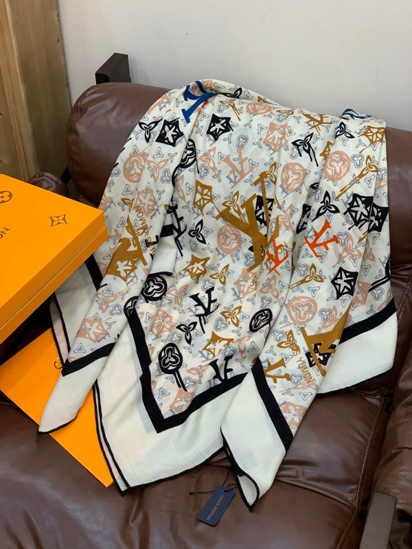 LV X TM MONOGRAM Scarf White Black Beige Silk Cashmere 965397