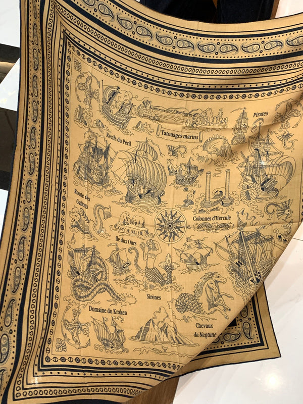 HM 25s Sailor Tattoo Scarf 140cm Dark Beige Black Cashmere Silk 967416