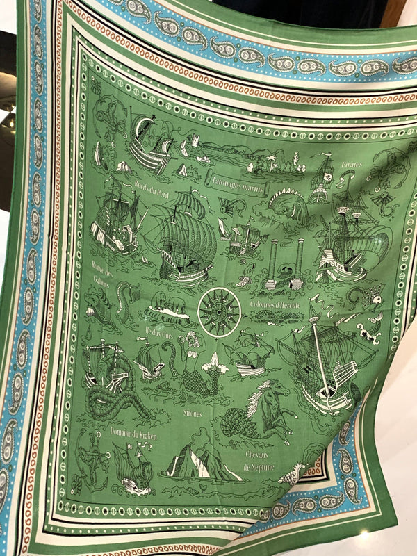 HM 25s Sailor Tattoo Scarf 140cm Green Beige Cashmere Silk 967417