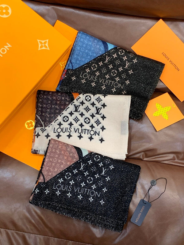 LV Monogram Scarf 200cm Black Blue Cashmere 969188