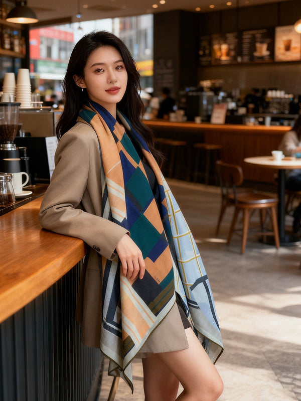HM 25s Checkered Horse Scarf 140cm Blue Brown Cashmere Silk 970935