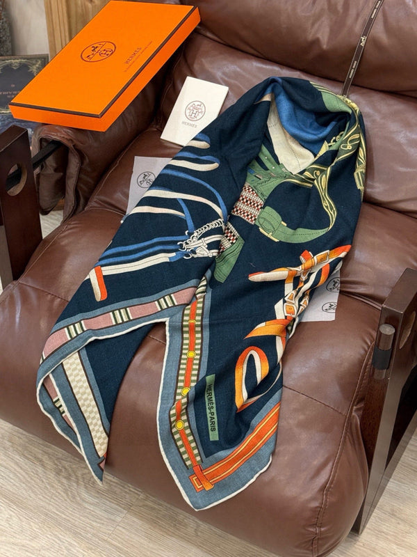 HM 25s Equestrianism Scarf 140cm Navy Blue Cashmere Silk 970961