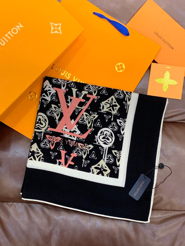 LV Double-Sided Shawl Scarf 140cm Black Multicolor Silk Cashmere 976741