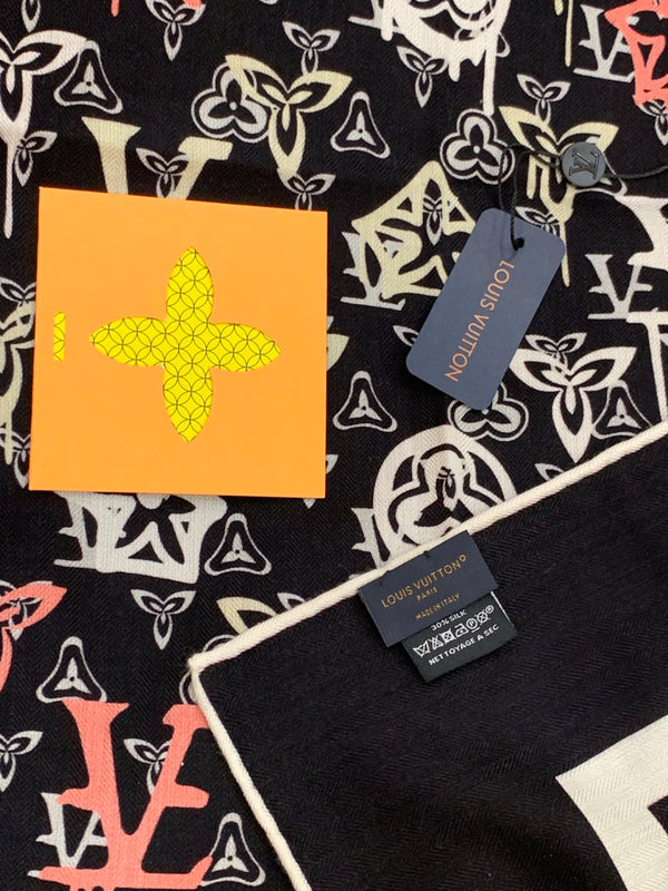 LV Double-Sided Shawl Scarf 140cm Black Multicolor Silk Cashmere 976741