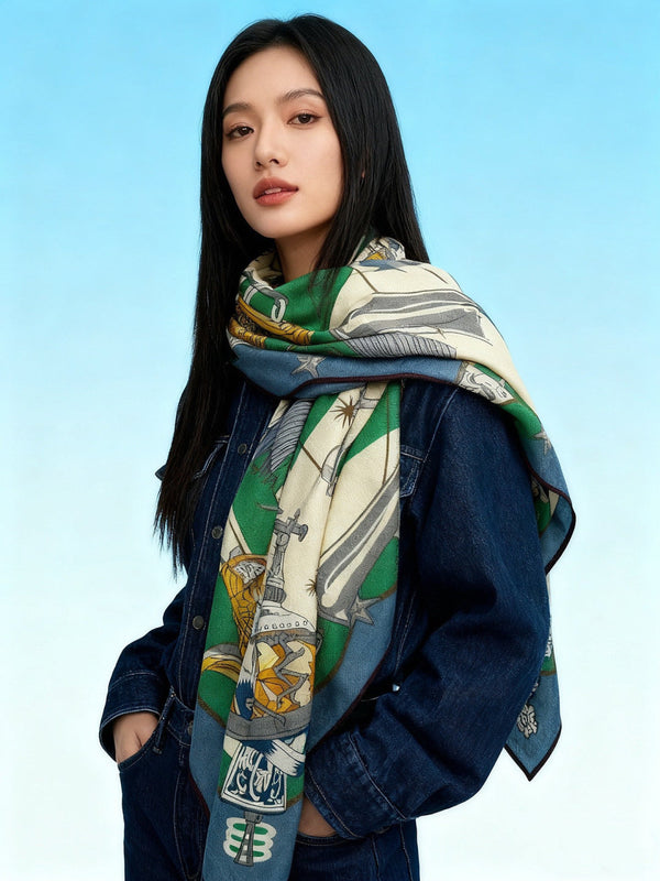 HM Starry Night Chorus Double-Sided Scarf 140cm Green Silk Cashmere 143714