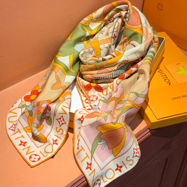 LV Double-sided Scarf 135cm Beige Cashmere Silk 143725