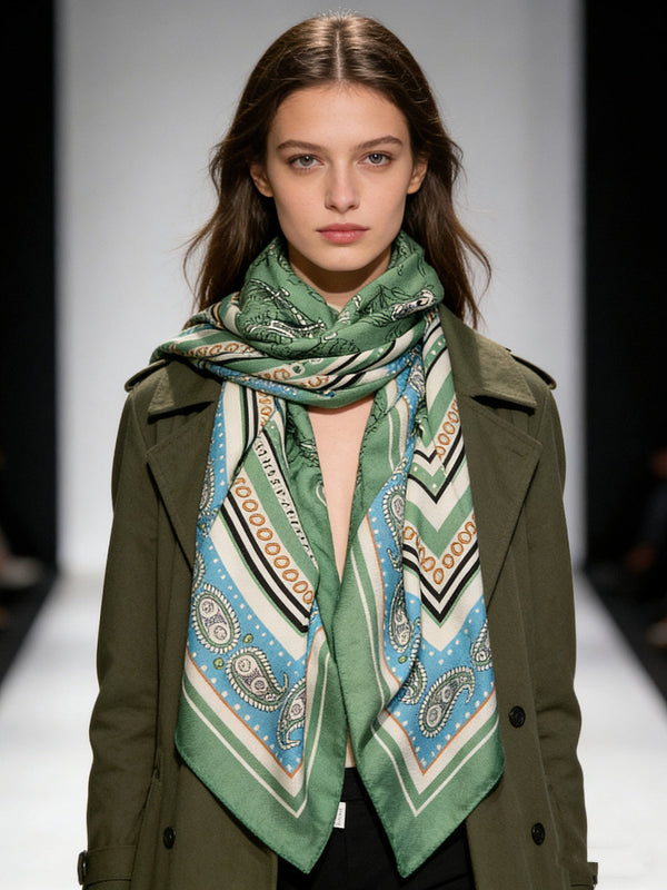 HM 26s Double-sided Scarf 140cm Green Silk Cashmere 153145