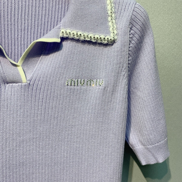 Miu SS26 Knitted Collared Lace Beaded Logo Top Lavender Cotton Silk 350903