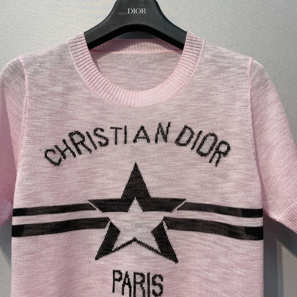 CD SS26 Signature and Star Short-Sleeved Sweater Light Pink Wool 350916