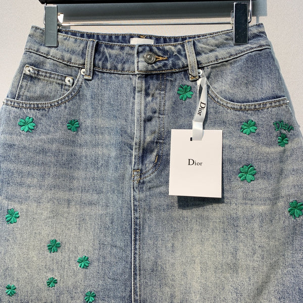 CD Clover Embroidered Mini Skirt Blue Stonewashed Cotton 350924