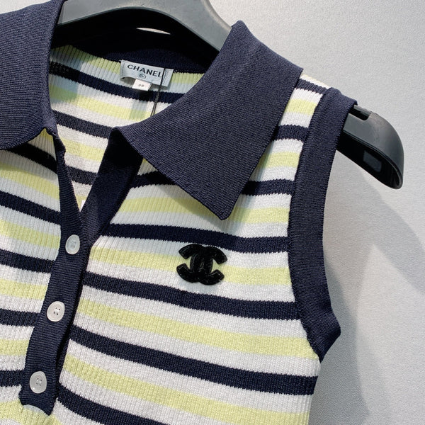 CC 26s Striped Polo Collar Vest Cream Black Knit 395914