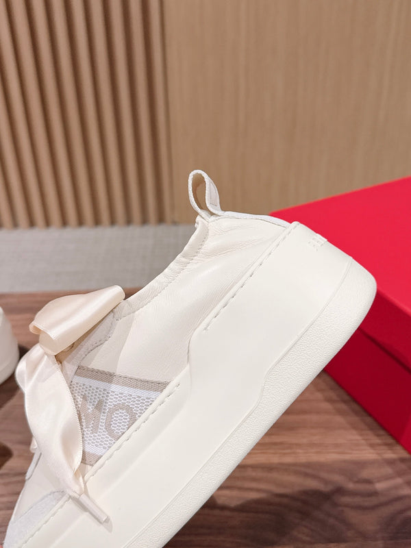 Ferragamo Bow Platform Sneaker Grey Ivory Satin Sheepskin