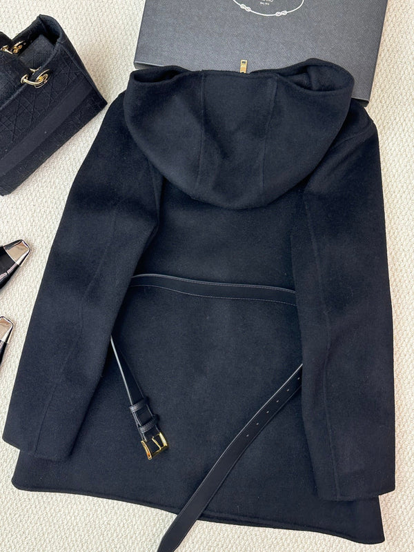 Prada 25 Mid-length Hooded Coat Black Wool 637355