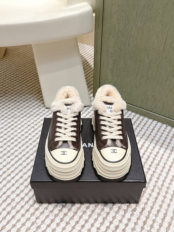 Chanel 26s Thick-Sole Sneakers 60mm In Dark Brown And Beige Calfskin With Fur Lining