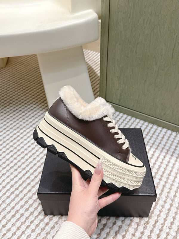 Chanel 26s Thick-Sole Sneakers 60mm In Dark Brown And Beige Calfskin With Fur Lining