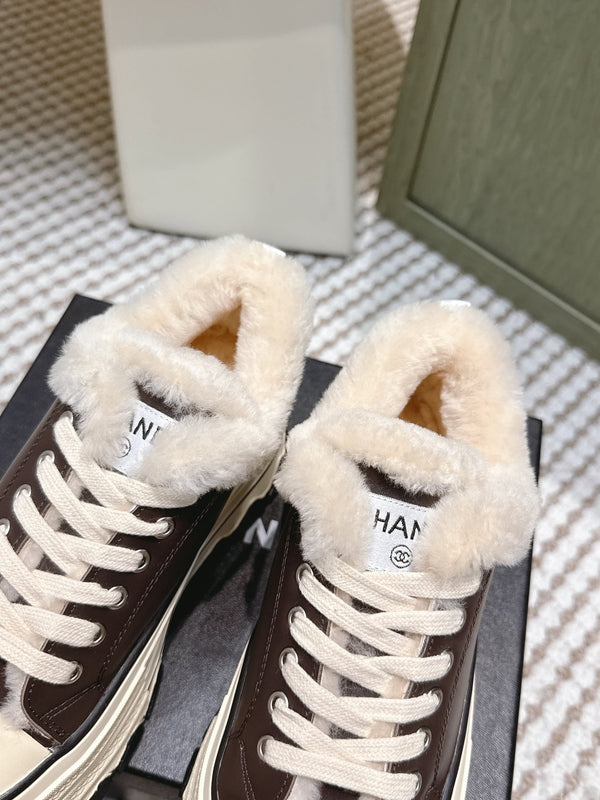 Chanel 26s Thick-Sole Sneakers 60mm In Dark Brown And Beige Calfskin With Fur Lining