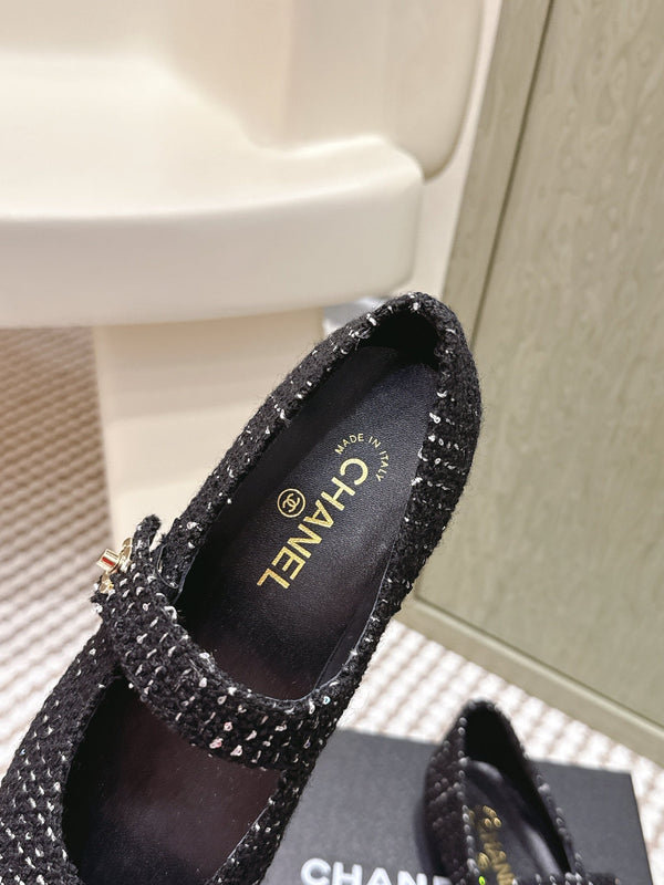 CC 25s Mary Jane Flat In Black Tweed With Cap Toe Gold Hardware