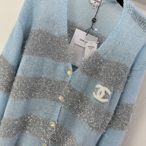 CC 26C Knit Long-Sleeve Cardigan Blue Grey Stripes Wool Acrylic Nylon 349042