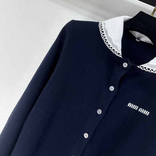 Miumiu 2026 Knit Long-Sleeve Cardigan Navy Blue Wool 349067
