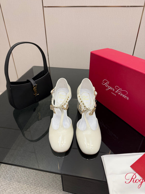 RV 26WF New T-Strap Rhinestone Strap Sandals 7cm White Patent Leather 629893