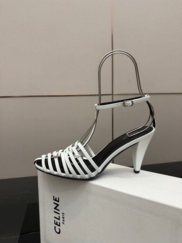 CL Cage Heeled Sandal 9cm White Calfskin 725648