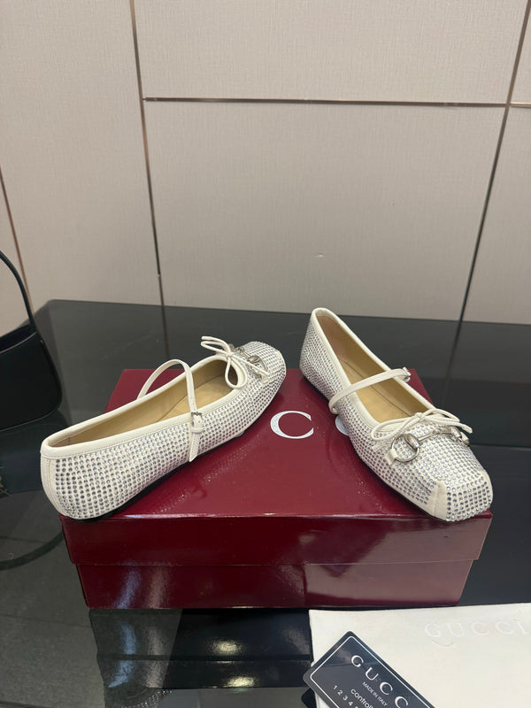 GG Ballerina Flats Square Toe White Leather 725283
