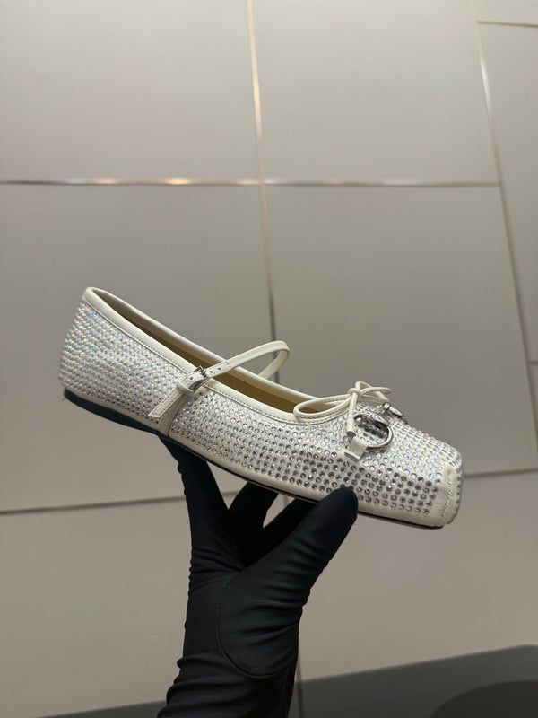 GG Ballerina Flats Square Toe White Leather 725283