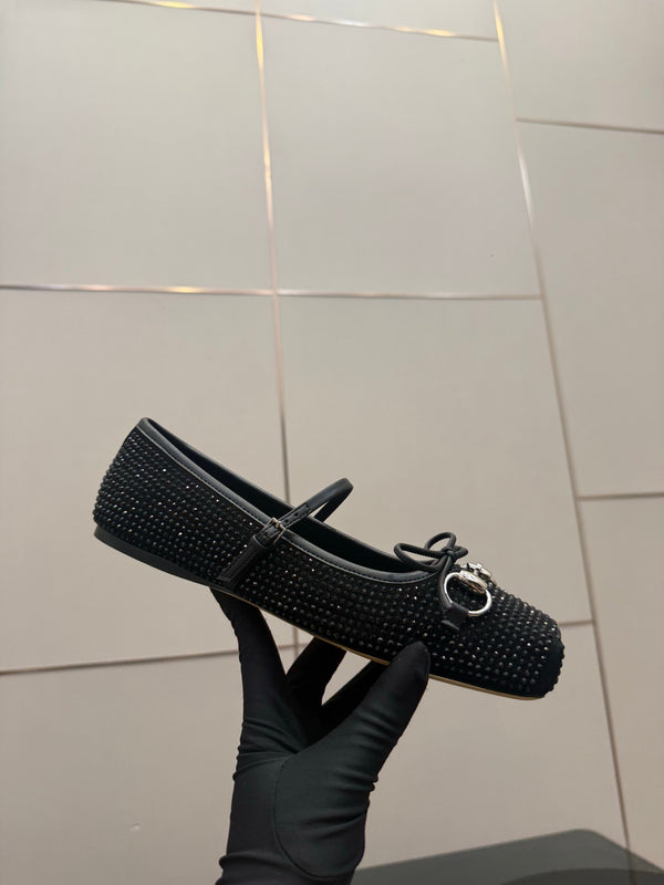 GG Ballerina Flats Square Toe Black Leather 725284