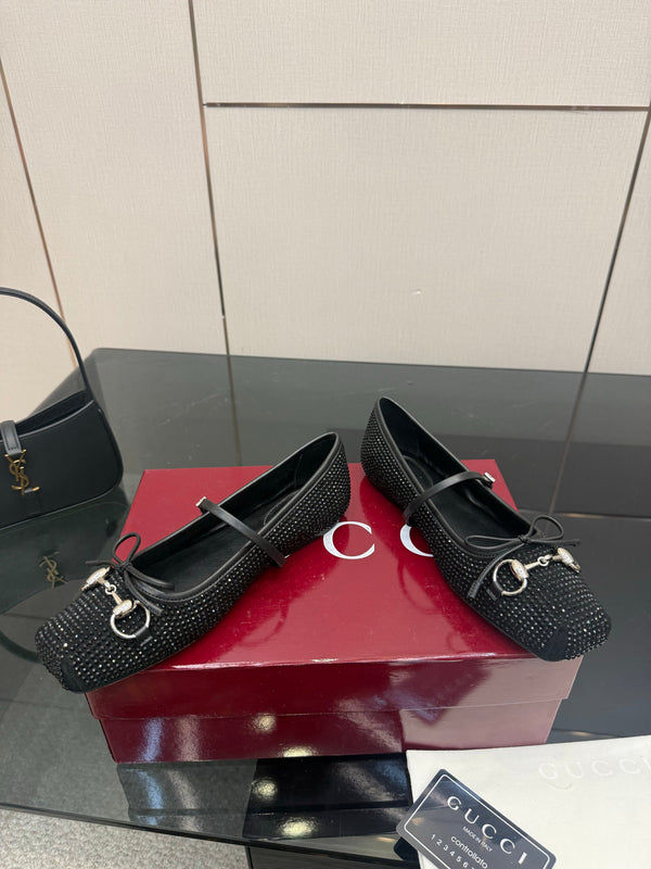 GG Ballerina Flats Square Toe Black Leather 725284