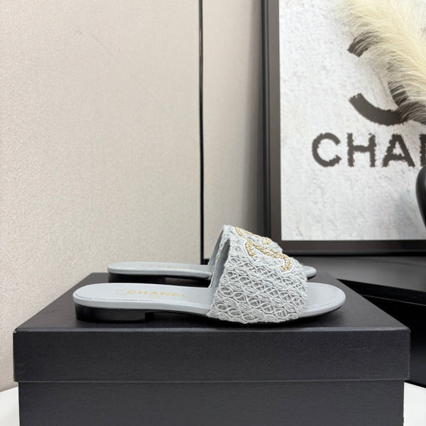 CC 25 Doubble Chain Embroidered Slippers Grey Fabric And Sheepskin 352494