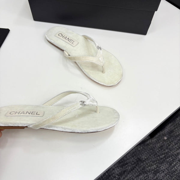 CC Crystal Logo Thong Sandal White Velvet 352477